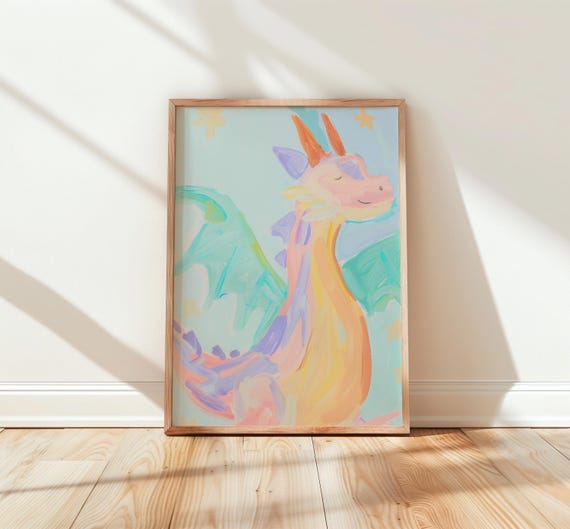 Whimsical Baby Dragon Art Pastel Nursery Decor Watercolor With Stars Lavender And Mint Tones Kids Wall 253