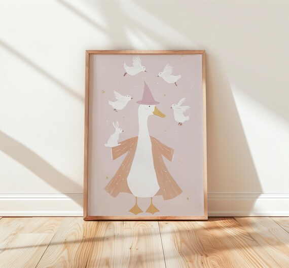 Magical Wizard Goose with Hat Cape and Birds Nursery Wall Art