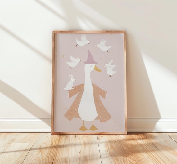 Whimsical Goose Magician Art Nursery Decor Cute With Rabbits Magical Animal Illustration Kids Room Wall 79