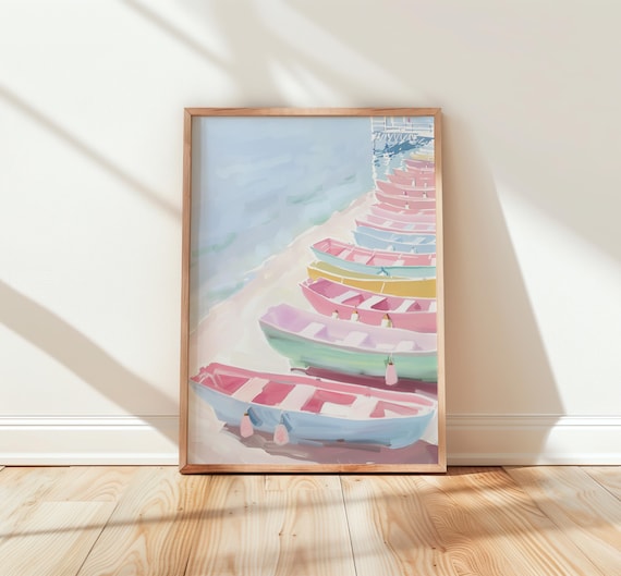 Row of Pastel Pink Blue and Yellow Rowboats on Sandy Beach Painting Poster