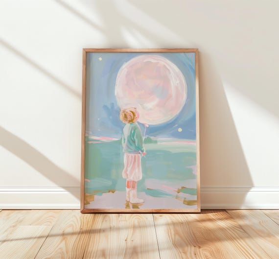 Dreamy Moonlit Boy With Balloon Watercolor Nursery Art Boho Night Sky Celestial Childrens Room Decor Starry Print 229
