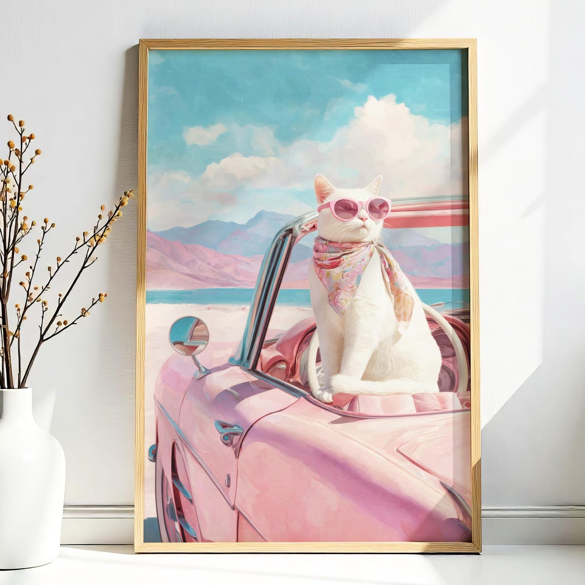 Retro Cat In Pink Convertible, Glam Wall Art Print