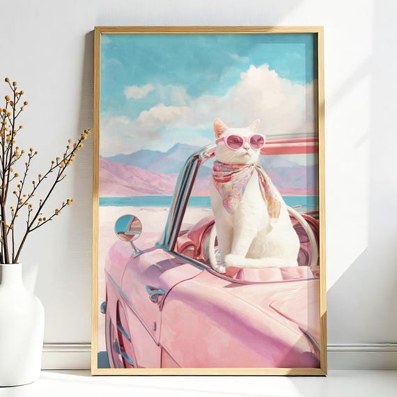 Retro Cat In Pink Convertible, Glam Wall Art Print