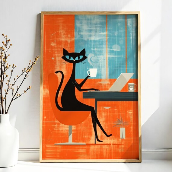 Black Cat Working From Home With Laptop Coffee Retro Office Poster