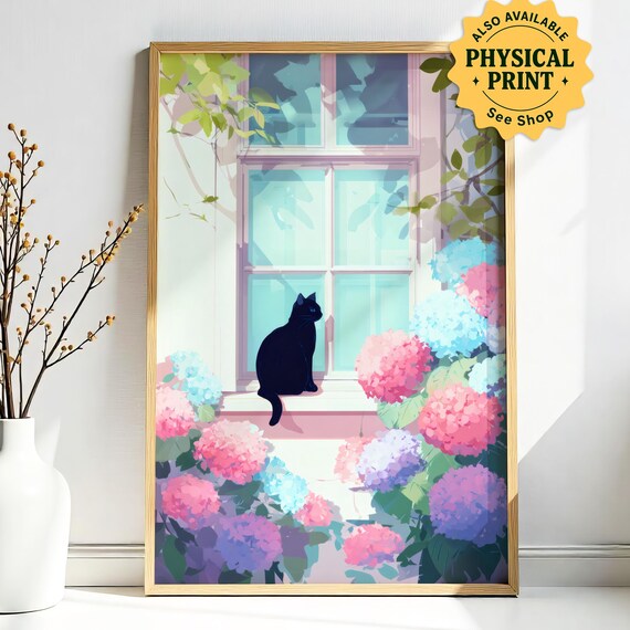 Black Cat Sitting on a Windowsill with Pink Hydrangeas Poster