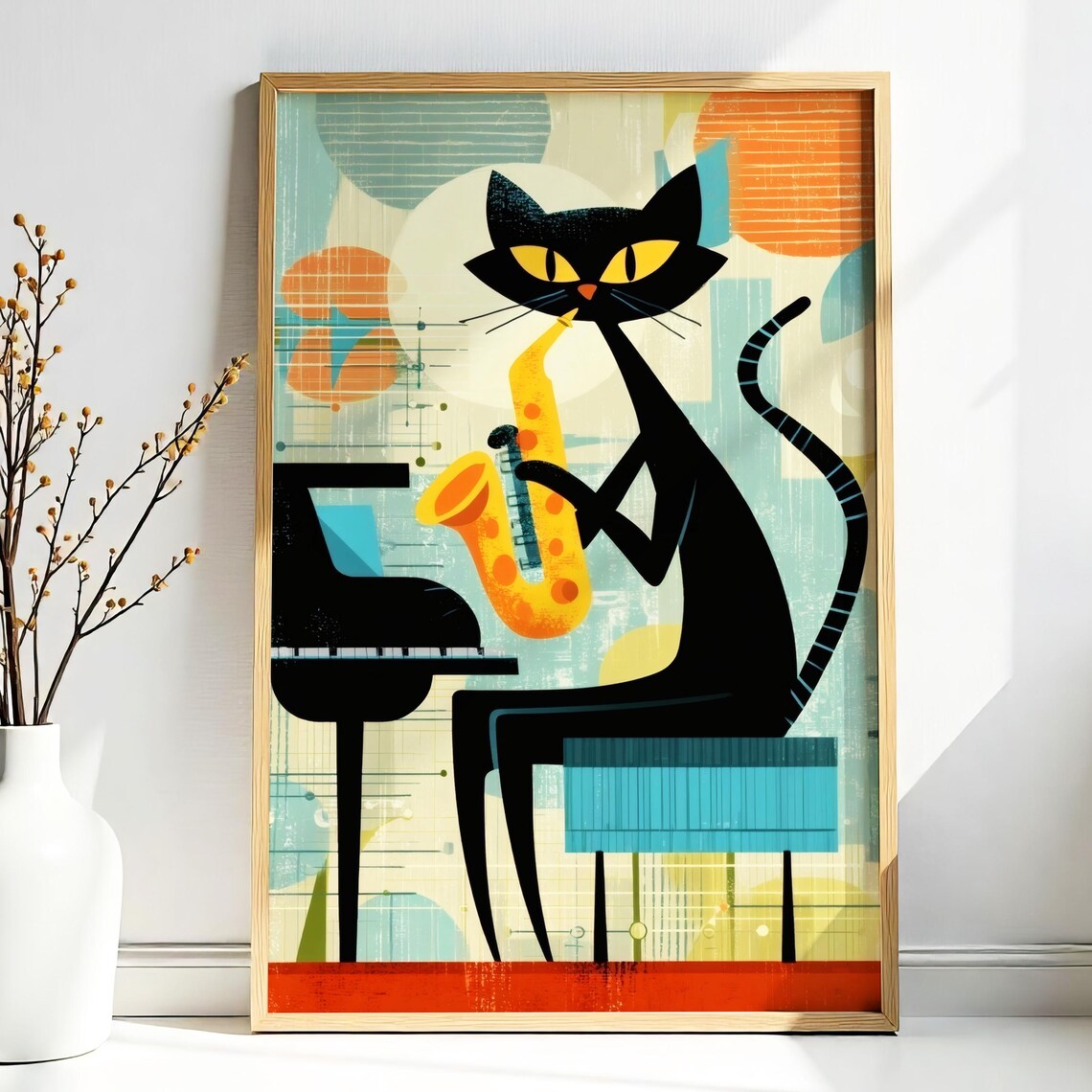 Atomic Jazz Cat Saxophone Retro Musician Midcentury Modern Art Poster