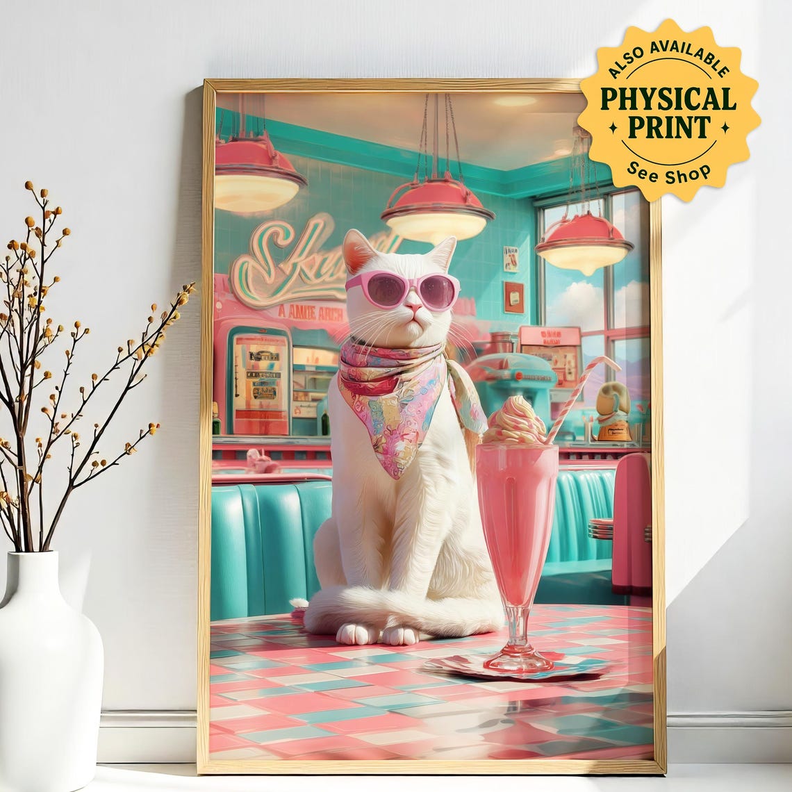 White Cat With Milkshake In Retro Pink Diner Checkered Counter Poster