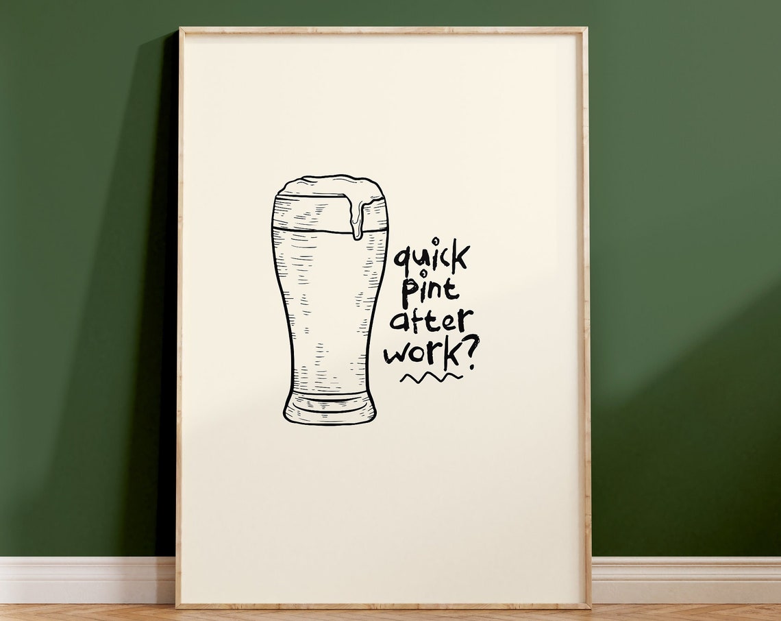 Quick Pint After Work Retro Beer Glass Line Art Kitchen Pub Poster