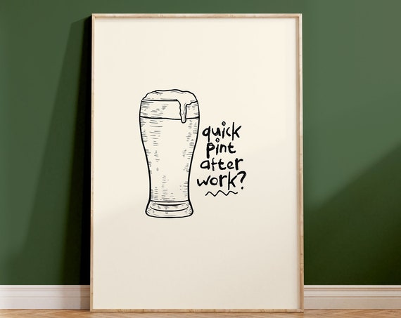 Retro Quick Pint After Work Line Art Print Lager Beer Kitchen Wall Art Artisan Sketch Lines Minimalist Retro Food Drink Alcohol Bar