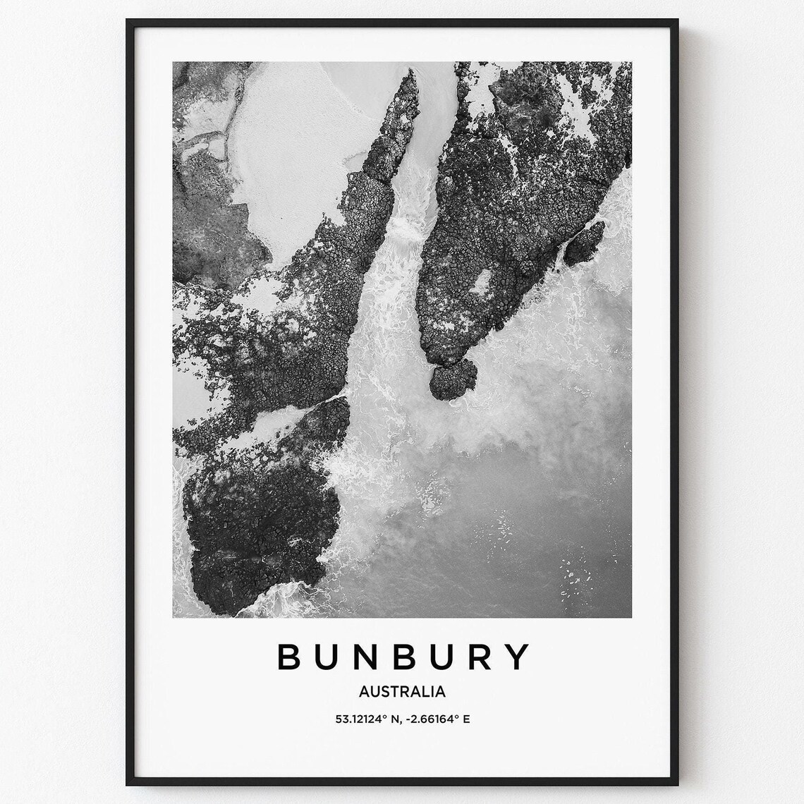 Bunbury Australia Aerial Rocky Coastline Black White Ocean Poster