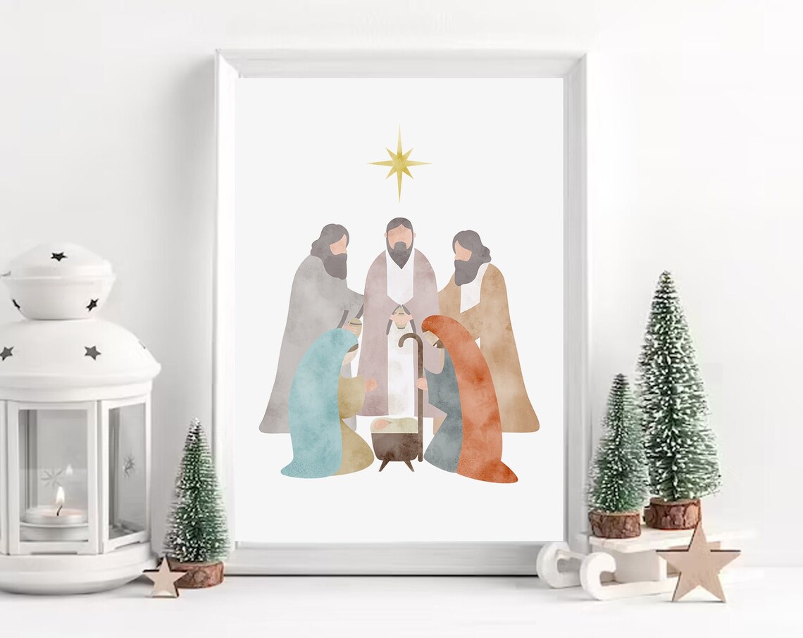 Watercolor Nativity Scene With the Three Wise Men and Star Poster