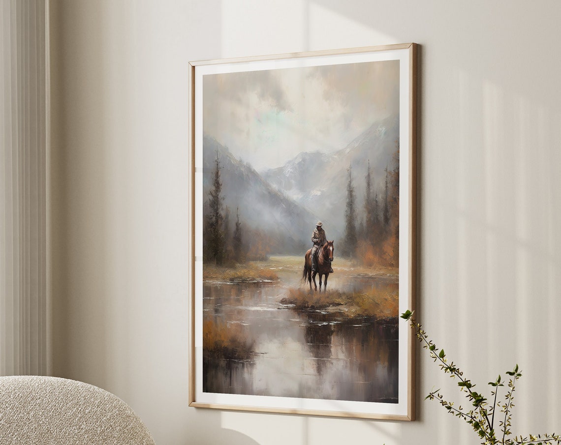Cowboy on Horseback Crossing a Misty Mountain River Wall Poster - Image 4