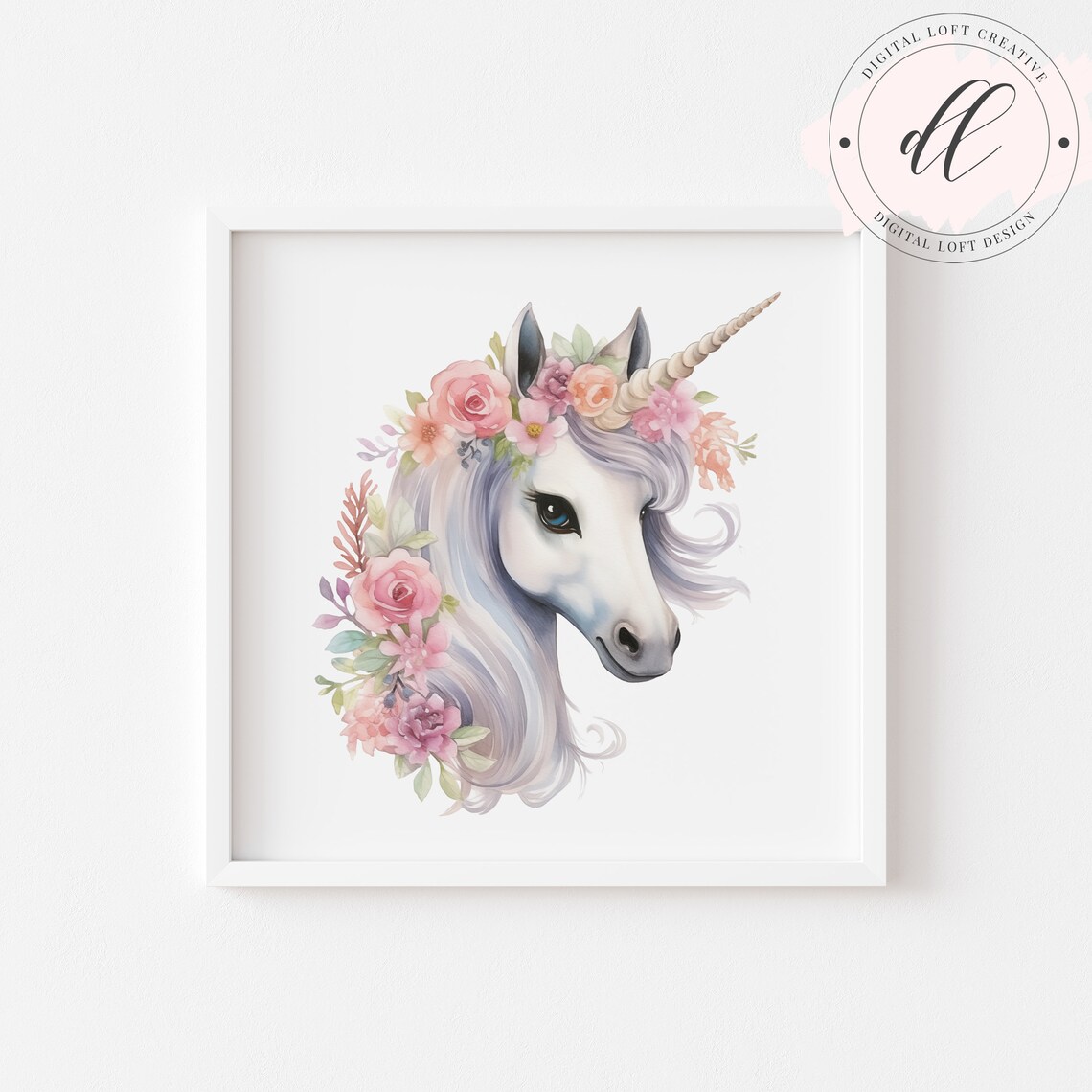 Unicorn Floral Crown Watercolor Pink Flower Girls Room Wall Art