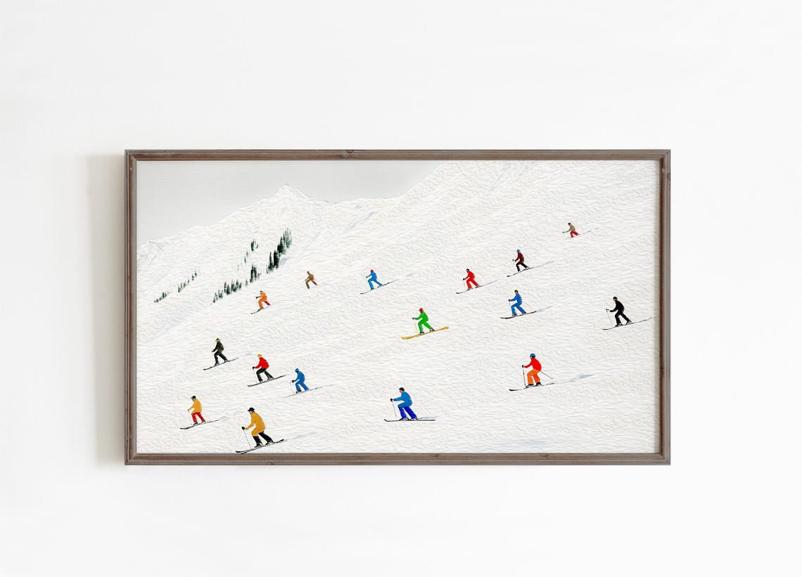 Colorful Skiers Snowy Mountain Slope Minimalist Winter Art Poster - Image 4