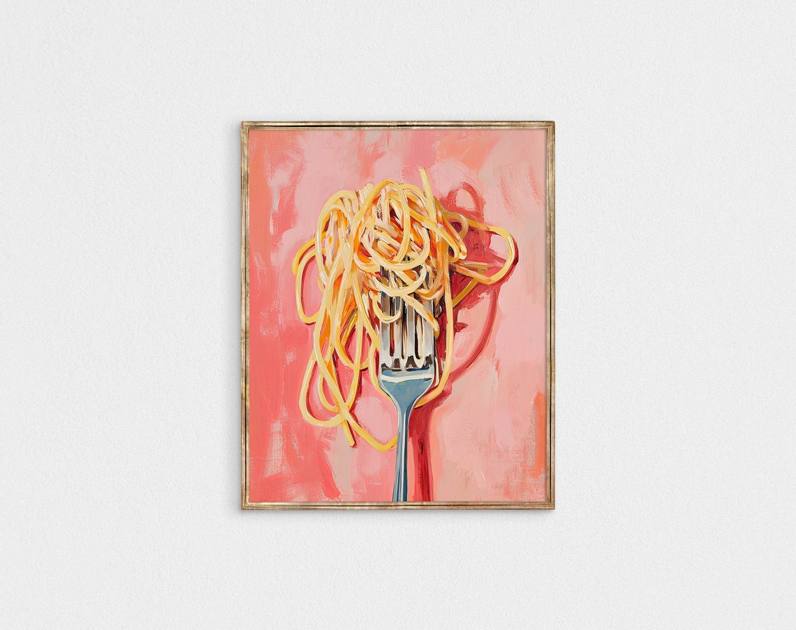 Spaghetti On Fork Coral Pink Background Playful Food Painting Poster