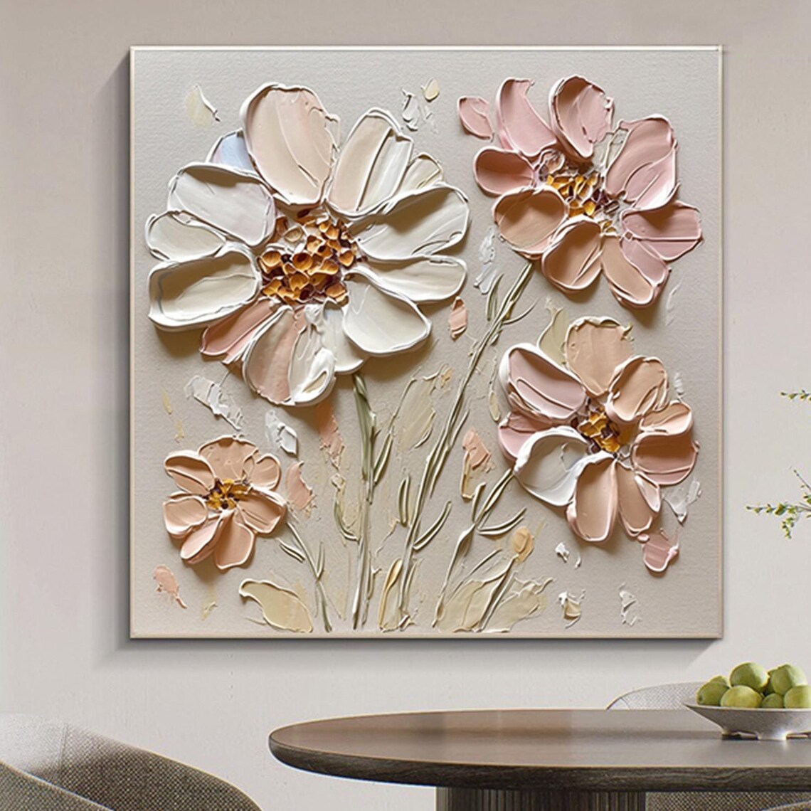Cream Pink Cosmos Flowers Gold Center Textured Square Wall Art