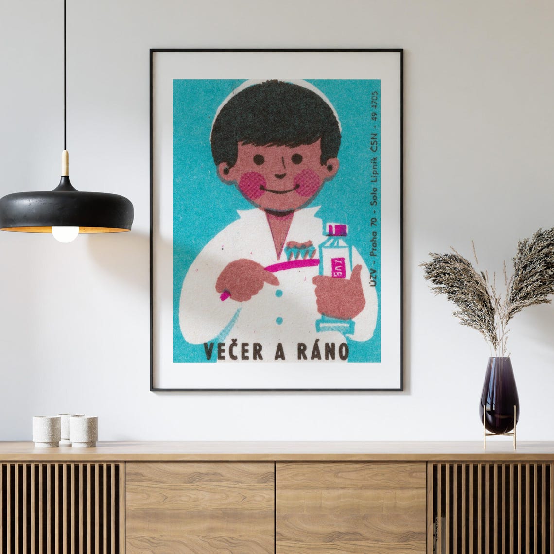 Czech Evening Morning Boy Brushing Teeth Dental Hygiene Art Poster - Image 4