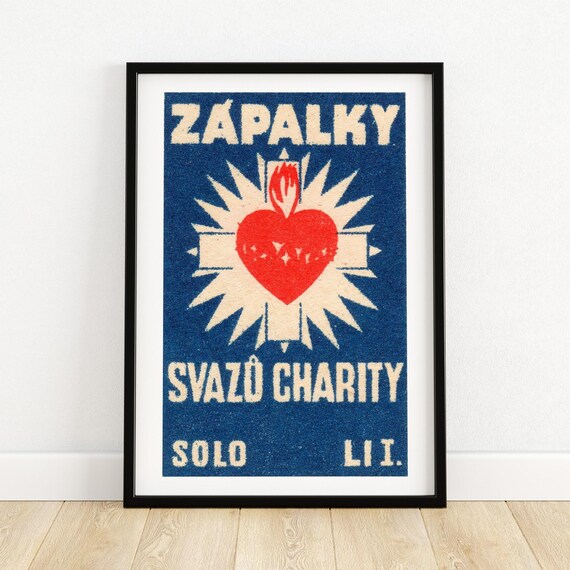 Heart Charity Matchbox Art Print Vintage Czech Design Unique Wall Decor Collectible Graphic Poster Bold Blue And Red Artwork A4