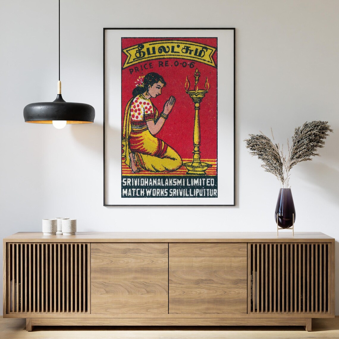 Indian Woman Praying with Lamp Vintage Matchbox Label Art Poster