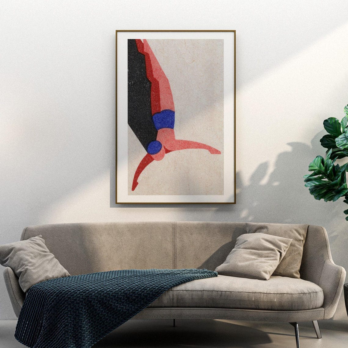 Diving Man Red Figure Black Vintage Matchbox Art Poster Pool - Image 3