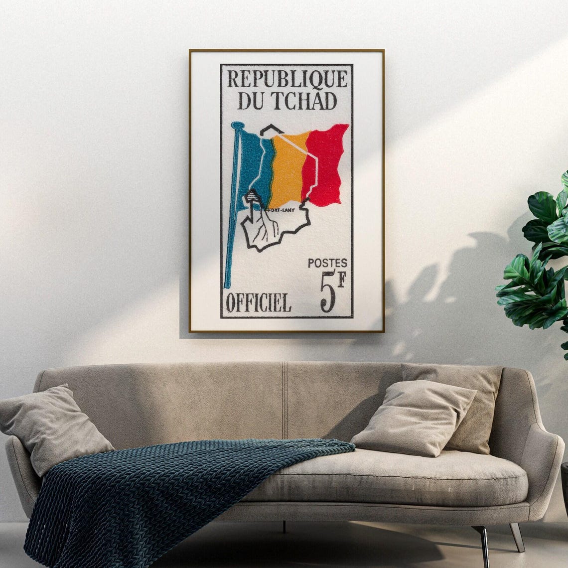 Chad Republic Vintage Map and Flag Postage Stamp 5F Art Poster - Image 3