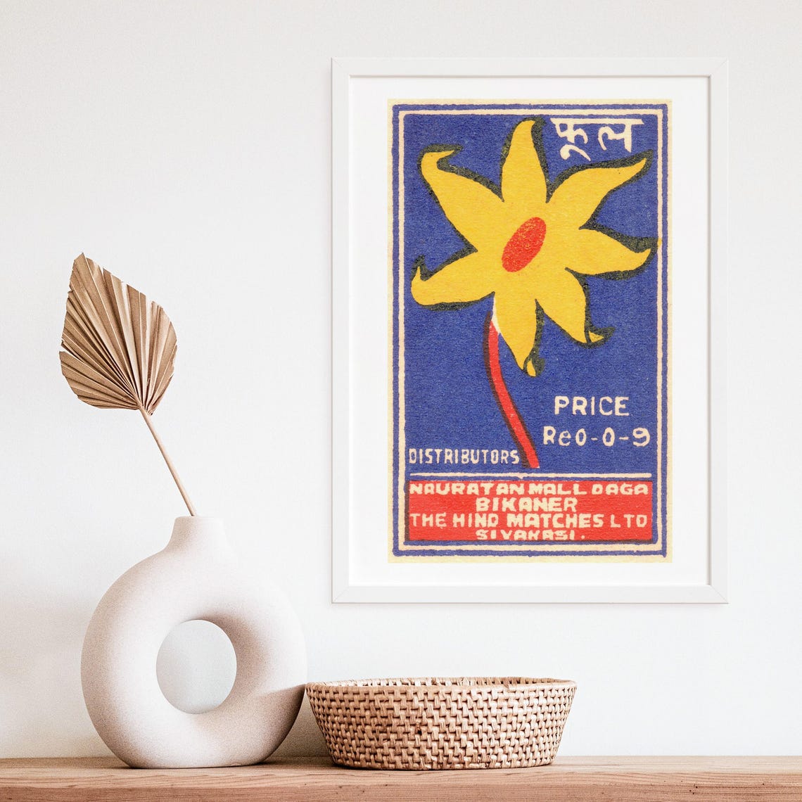 Indian Matchbox Label Yellow Flower Blue Ground Vintage Art Poster - Image 4