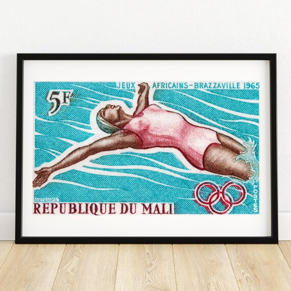 Swimming Woman Vintage Mali Art Postage Stamp Print Aesthetic Wall Art Postage Stamp Wall Poster Vintage African Art
