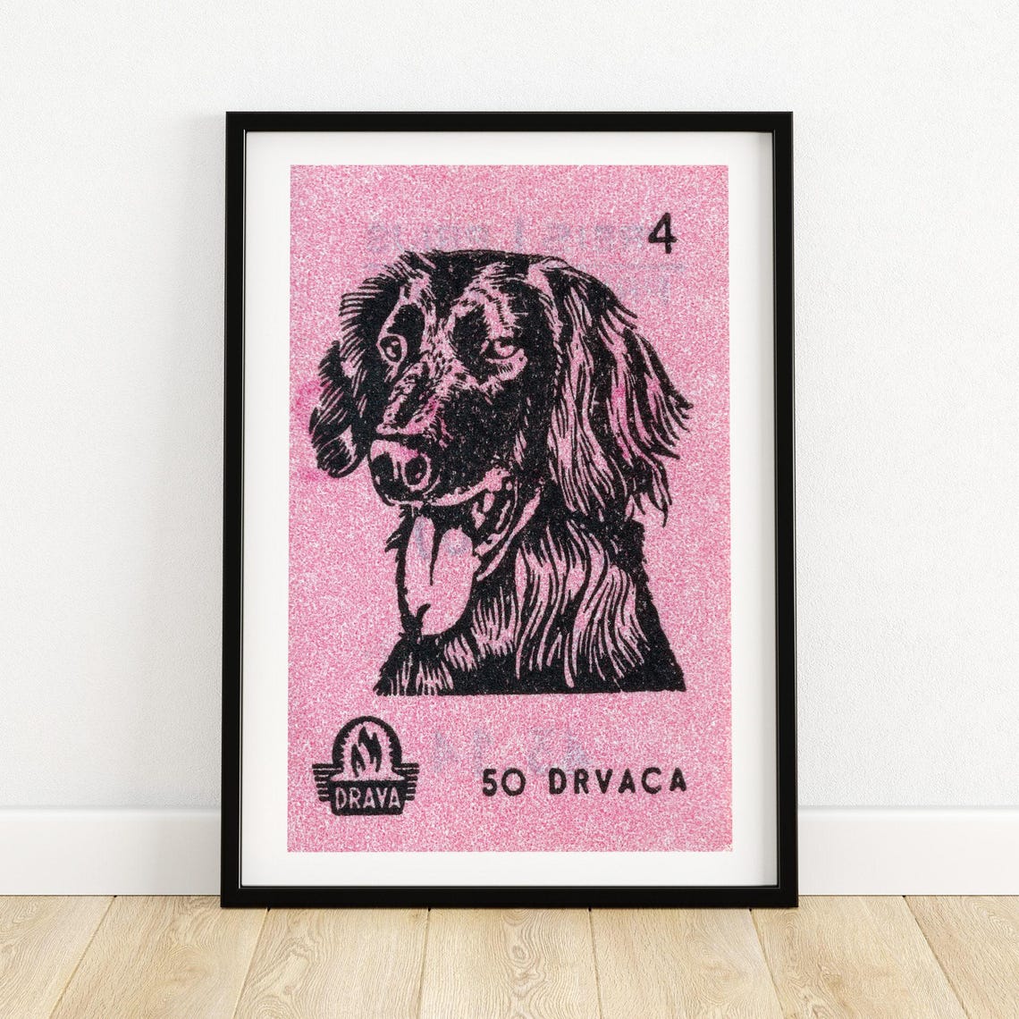 Black Spaniel Dog Pink Drava Matchbox Label Yugoslav Vintage Poster