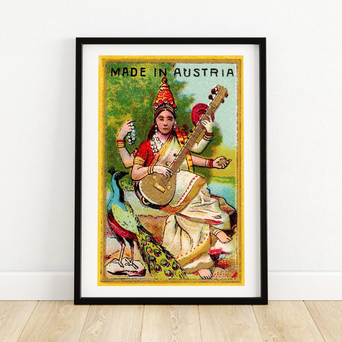 Saraswati Goddess Veena Peacock Austrian Vintage Match Art Poster