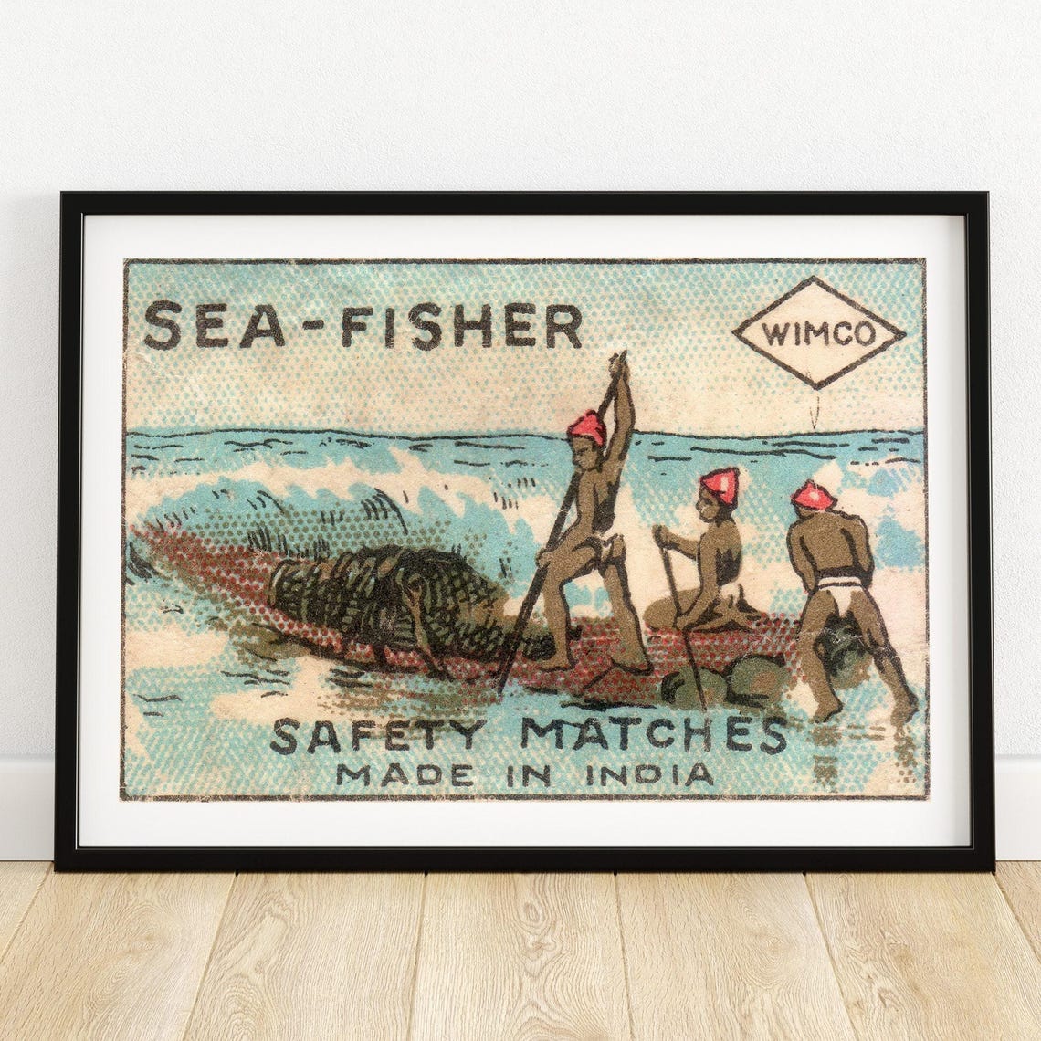 Sea-Fisher Wimco Safety Matches Made in India Vintage Label Art Poster