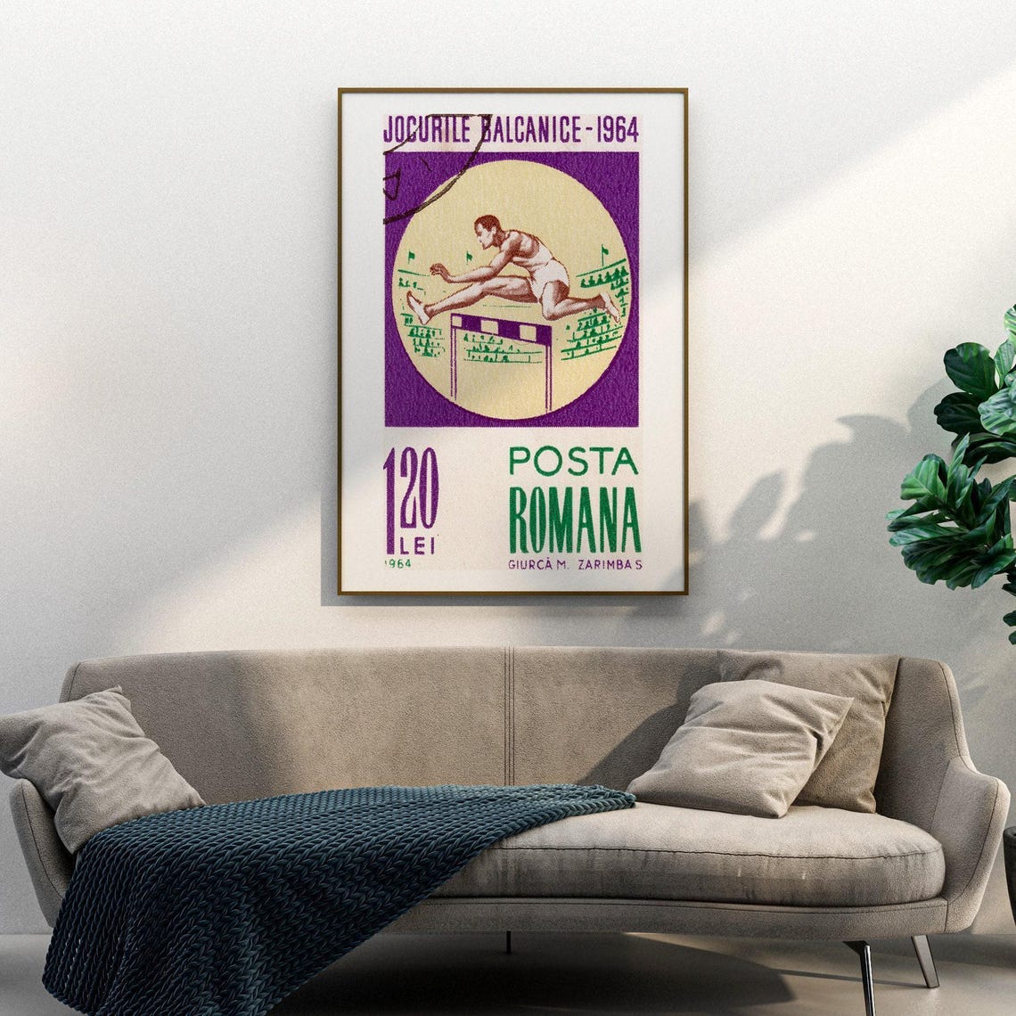 Romania 1964 Balkan Games Hurdler 120 Lei Postage Stamp Poster - Image 3