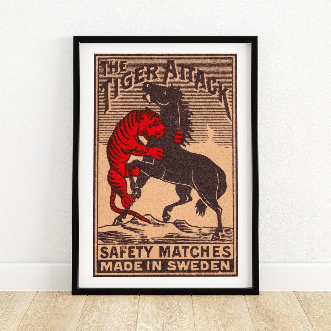 The Tiger Attack Horse Battle Clash Vintage Sweden Match Label Poster