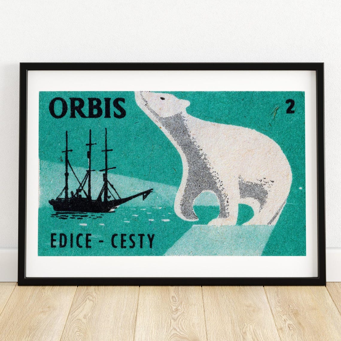 Orbis Edice Cesty Polar Bear Tall Ship Teal Vintage Matchbox Poster