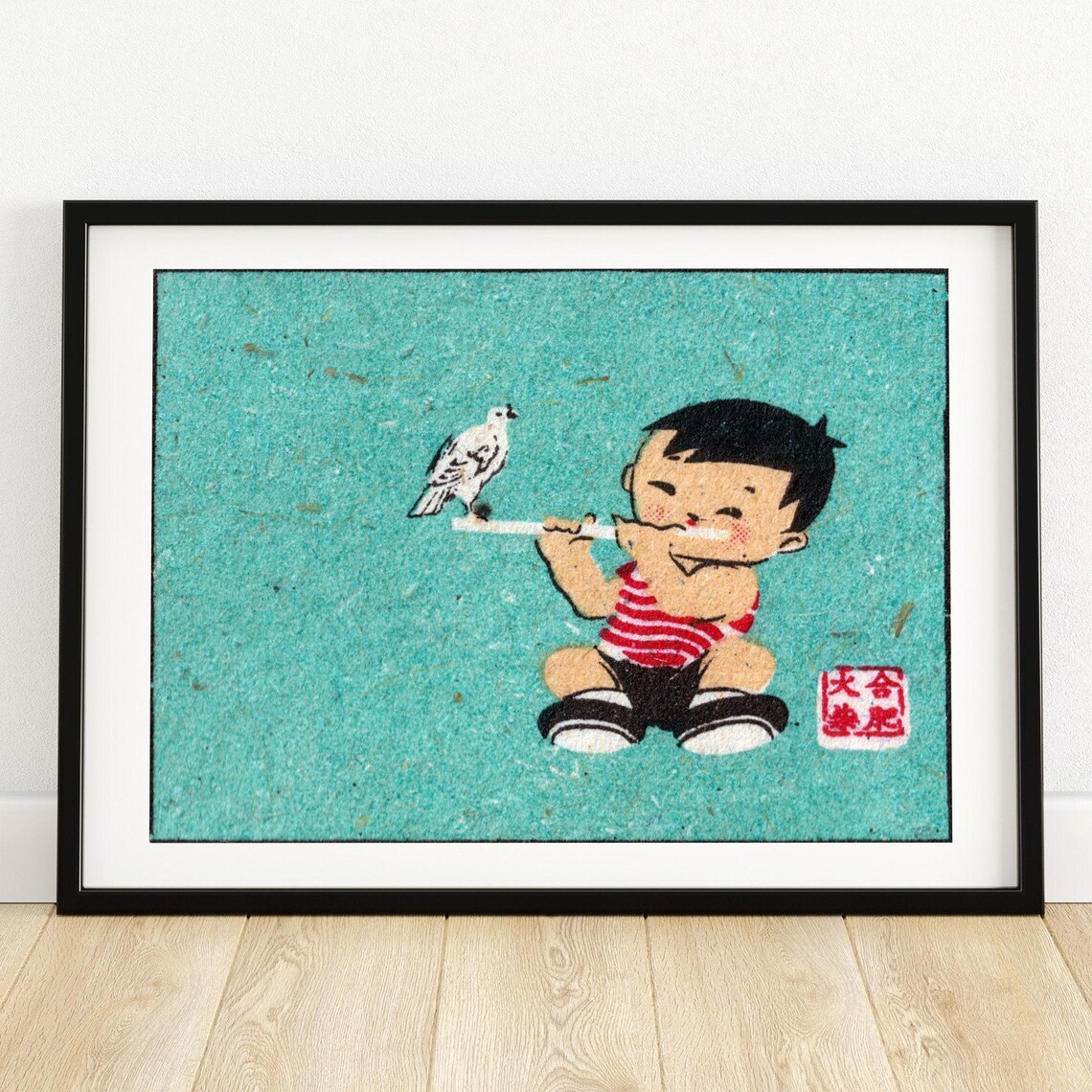 Boy Playing Flute With Bird, Vintage Poster Print
