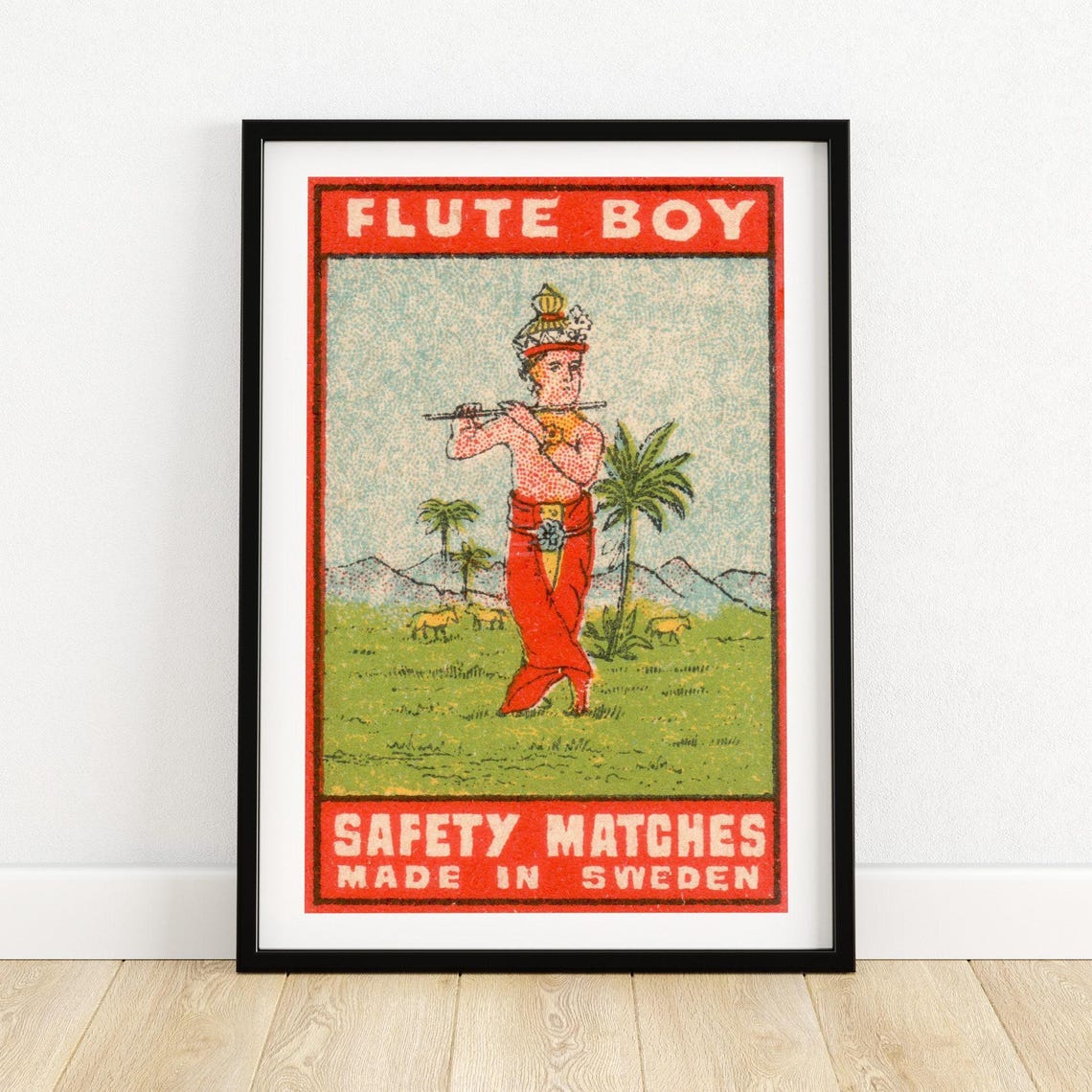 Flute Boy Playing Pastoral Landscape Swedish Safety Matches Poster