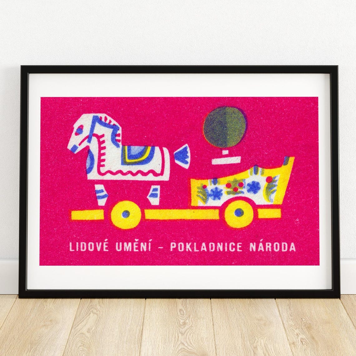 Czech Folk Toy Horse Wagon Pink Vintage Matchbox Label Poster