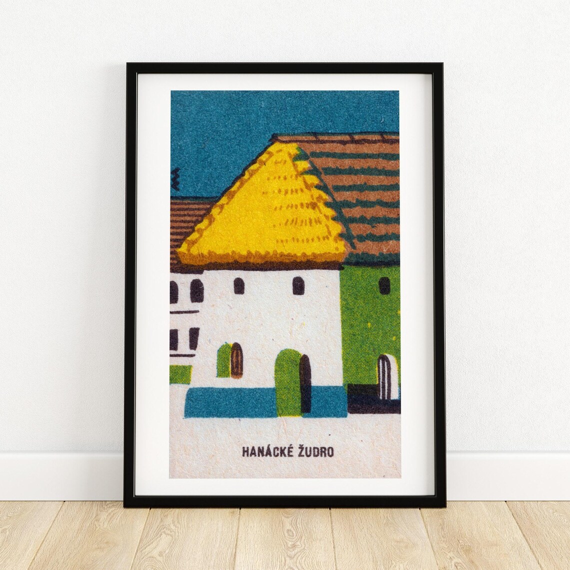 Straw Roof House Matchbox Print, Vintage Czech Poster