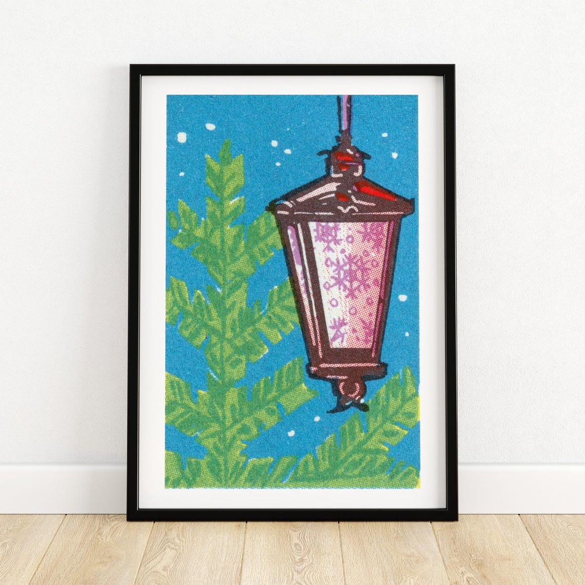 Snowy Night Lantern Vintage Blue Winter Scene Illustration Print