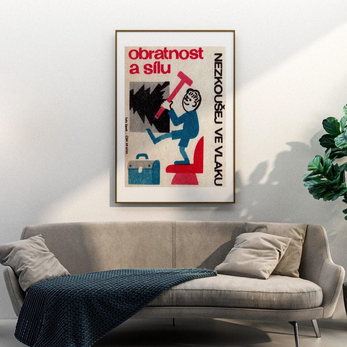 Train Safety Boy Red Hammer Warning Vintage Czech Cartoon Poster - Image 3