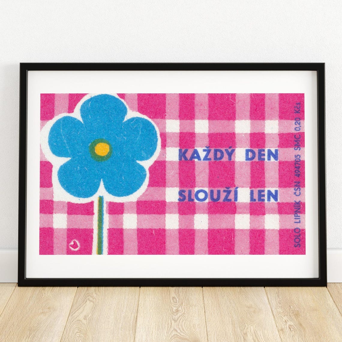 Kazdy Den Slouzi Len Blue Flower Gingham Vintage Czech Label Print