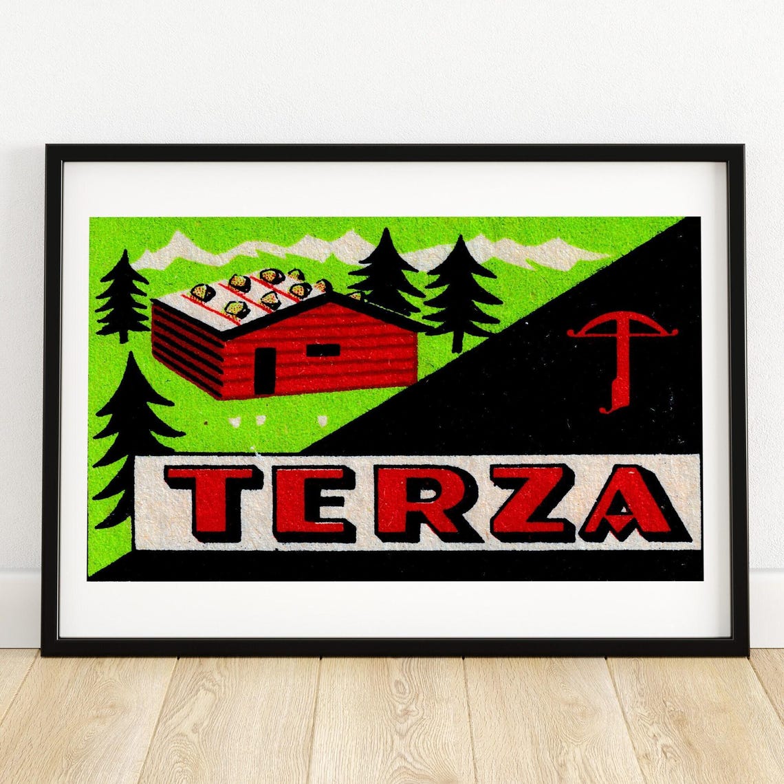 Terza Vintage Matchbox Label Red Mountain Cabin Alpine Art Poster
