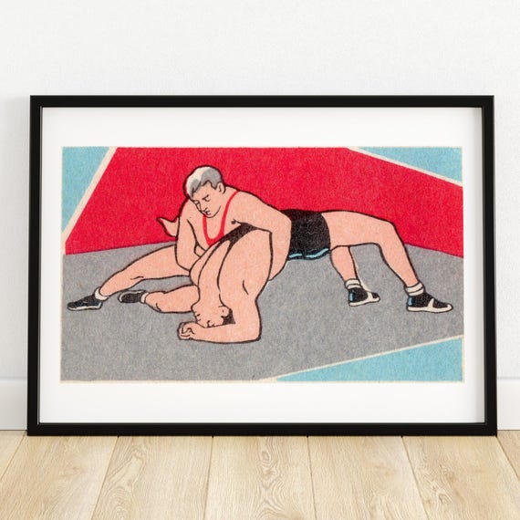 Mid Century Wrestling Art Print Vintage Sports Decor Bold Colorful Illustration Gift For Athletes Unique Wall Art Collectible A4