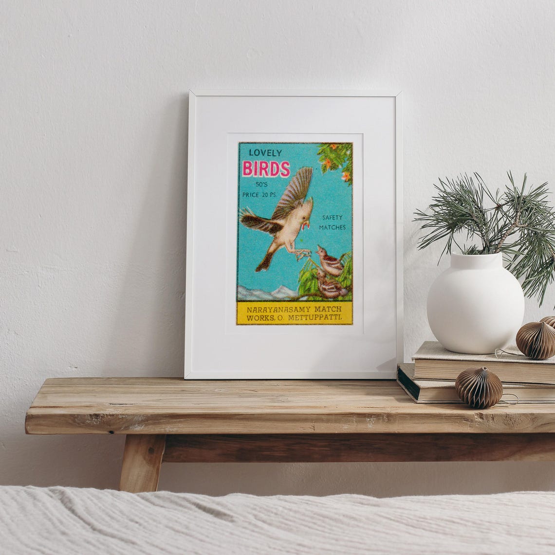 Lovely Birds 1950s Indian Safety Matches Teal Label Art Poster - Image 3