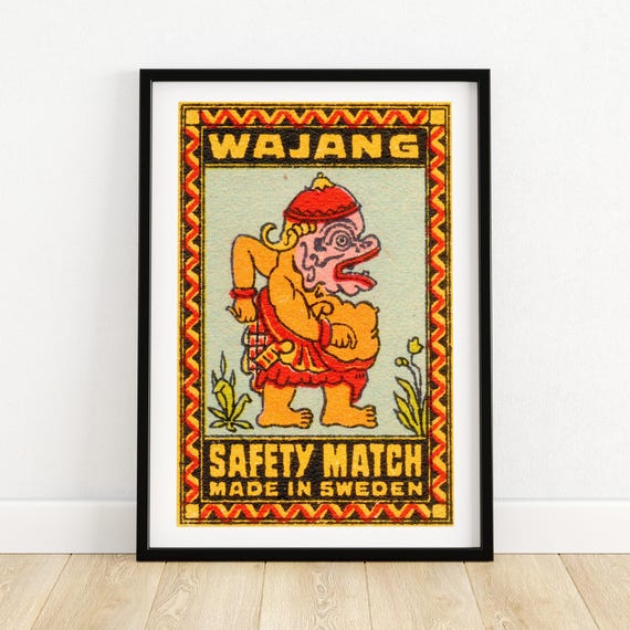 Wajang Matchbox Art Print Swedish Folk Art Decor Vintage Style Wall Hanging Colorful Scandinavian Collectible Gift Idea A4