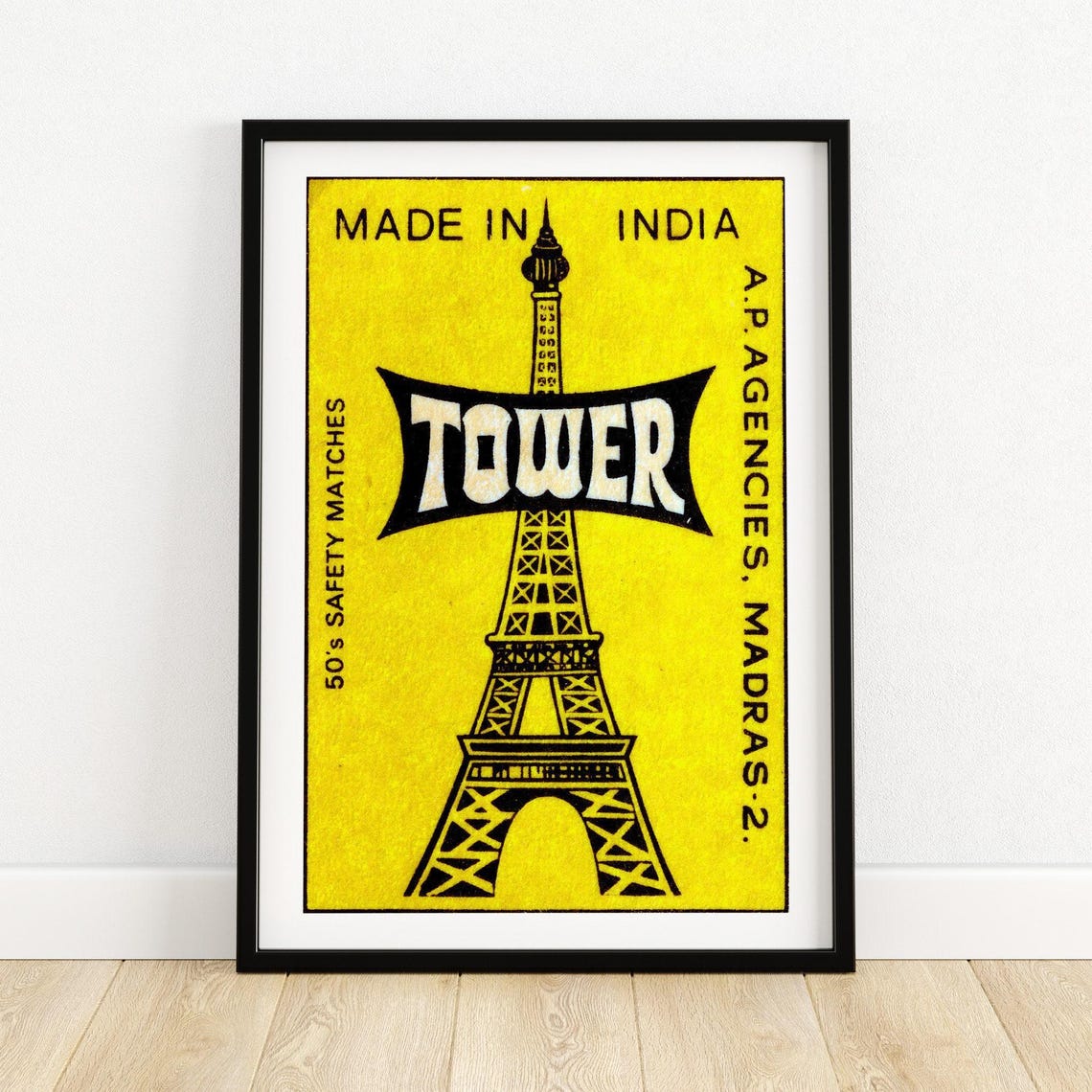 Tower Eiffel Tower Made In India Yellow Matchbox Label Art Poster