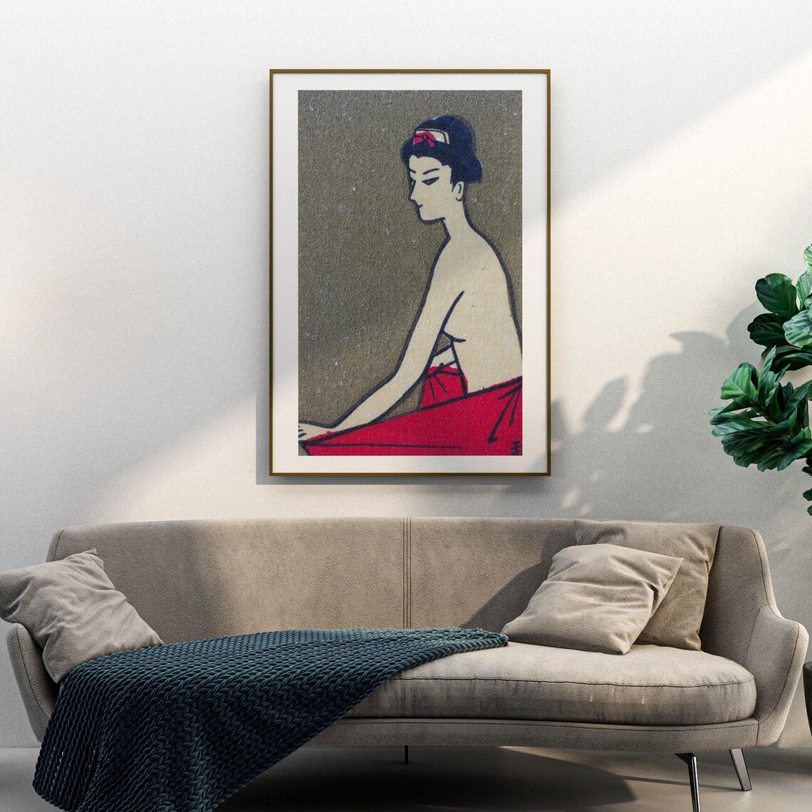 Japanese Woodblock Geisha Woman Red Wrap Grey Ground Art Poster - Image 3