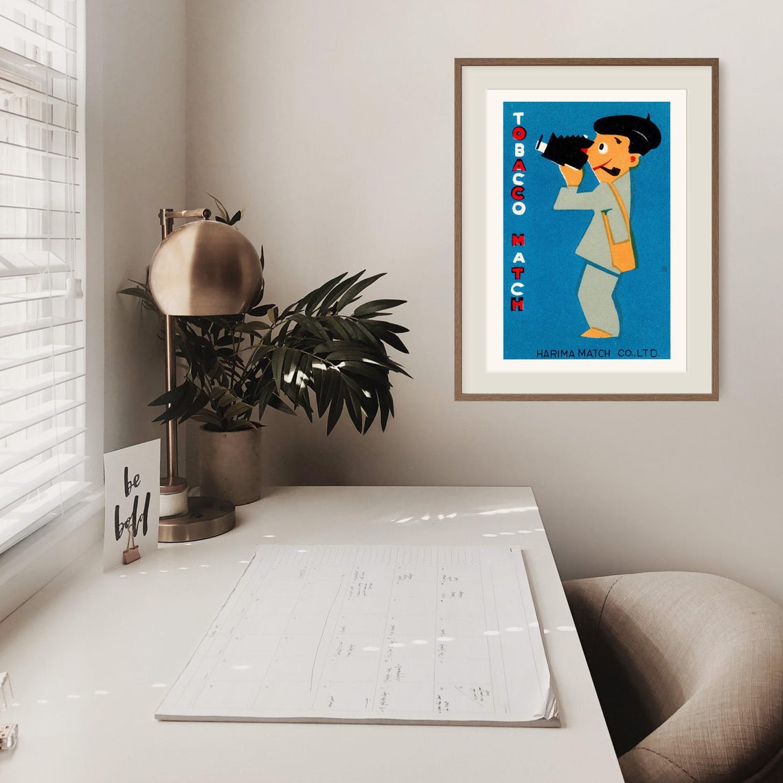 Harima Tobacco Match Boy With Camera Blue Label Art Vintage Poster - Image 2