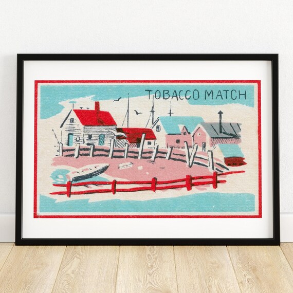 Seaside Fishing Village Retro Tobacco Match Label Art Poster