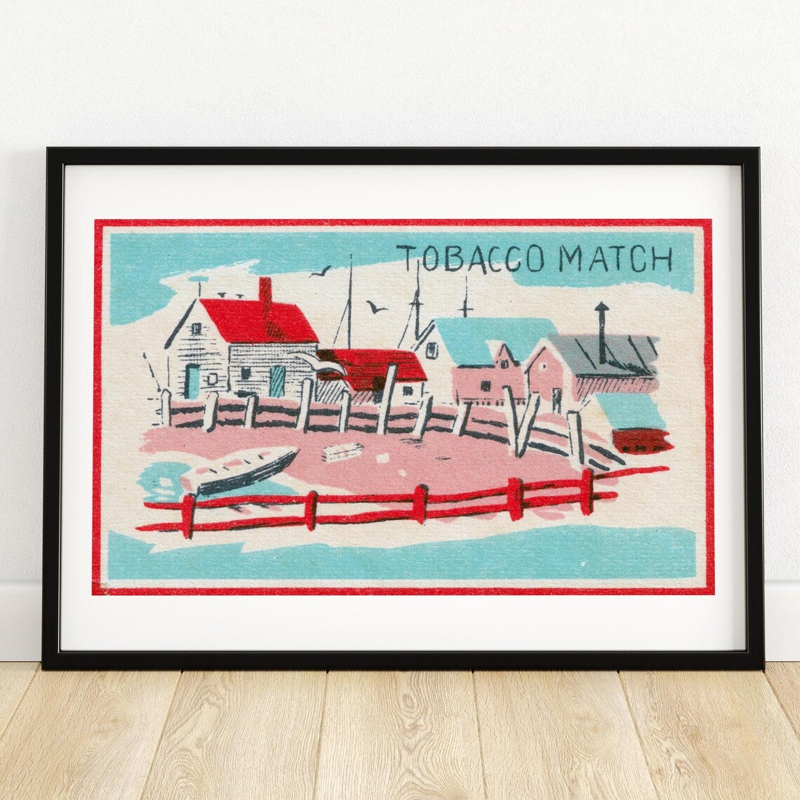 Seaside Fishing Village Retro Tobacco Match Label Art Poster