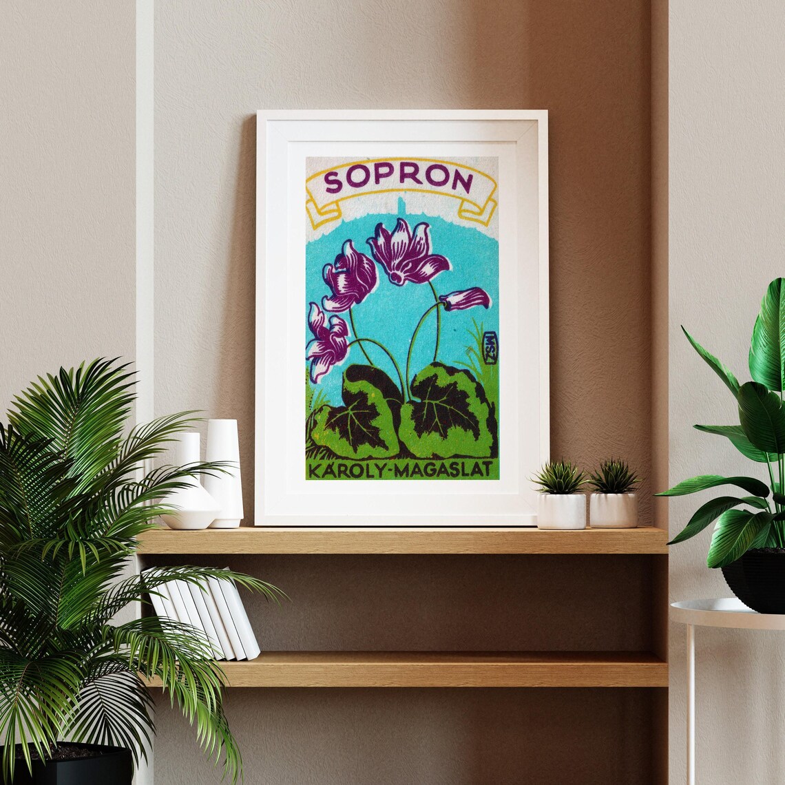 Sopron Purple Flowers Karoly Magaslat Vintage Hungarian Label Poster - Image 2